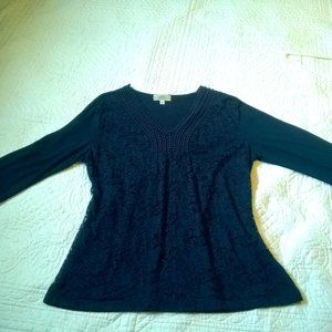 Navy Blue 3/4 Sleeve Top with Lace and Trim Detail